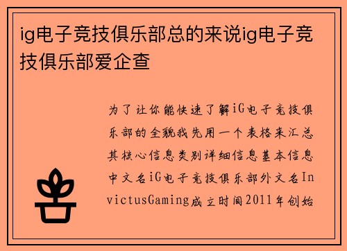 ig电子竞技俱乐部总的来说ig电子竞技俱乐部爱企查