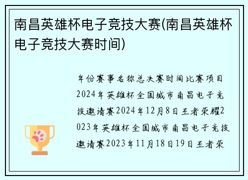 南昌英雄杯电子竞技大赛(南昌英雄杯电子竞技大赛时间)