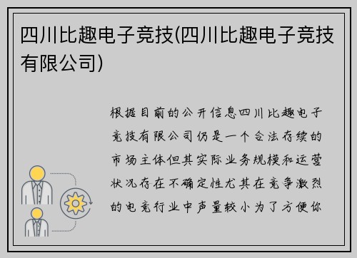 四川比趣电子竞技(四川比趣电子竞技有限公司)